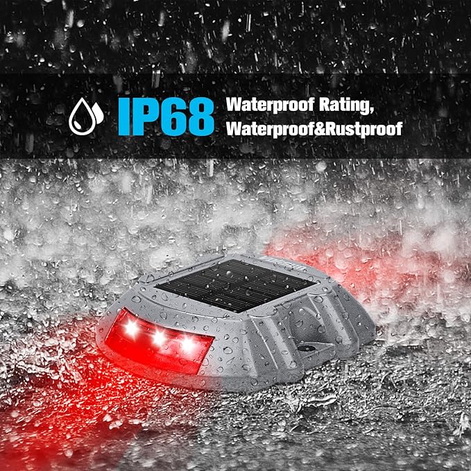 VOLISUN Christmas Solar Deck Lights Driveway Dock Lights, 4-Pack Led IP68 Waterproof Outdoor Warning Step Light for Driveway Sidewalk Garden Pathway Yard(Red, Auto On/Off
