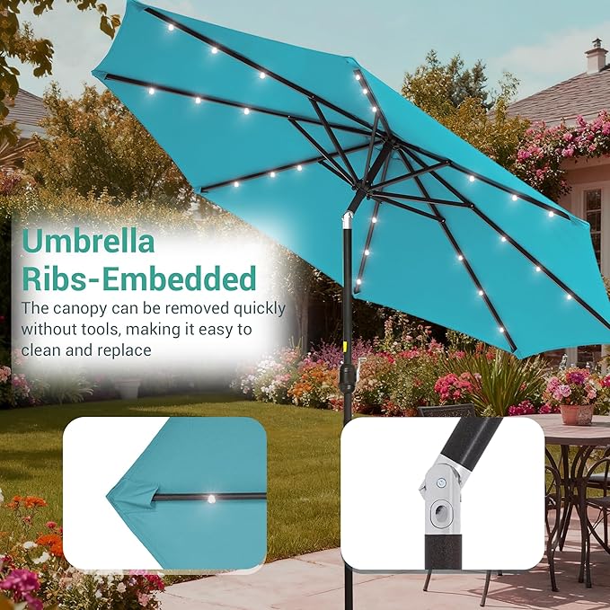 9ft Patio Umbrella Outdoor with Solar Lights,32 LED Lighted Table Market Umbrella with Tilt and Crank, 2-Year-Non-Fading, 8 Sturdy Ribs,for Pool, Deck, Garden,Backyard