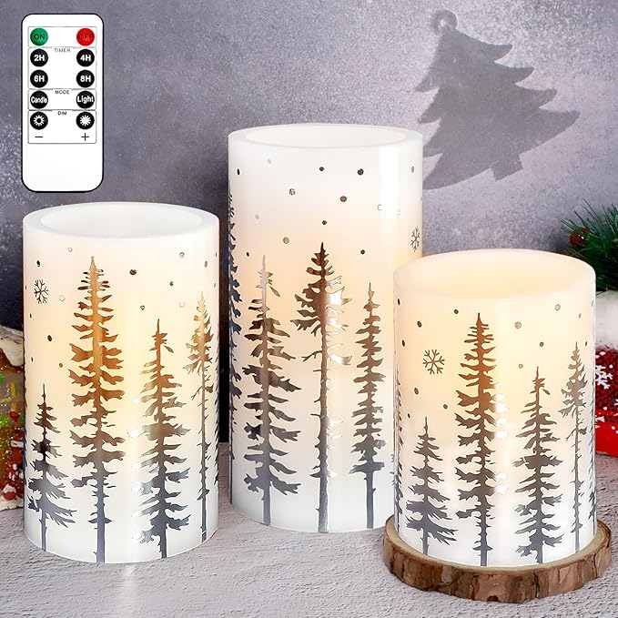 Christmas Flameless Candles, Battery Operated, Hot Stamping Silver Xmas Tree LED Flickering Candles with Remote and Timer, Holiday Decorative Pillar for Xmas, Party, Bedroom