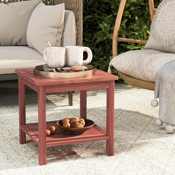 Tangkula Patio Side Table, Double-Tier Acacia Wood End Table, Slatted Tabletop & Shelf, Outdoor Small Side Table with Storage, Compact Wood Table for Backyard, Balcony (2, Natural)