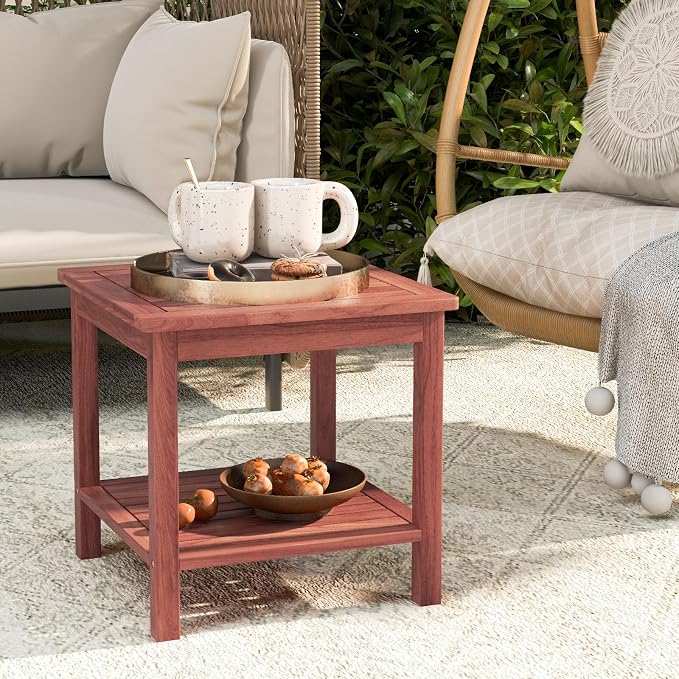 Tangkula Patio Side Table, Double-Tier Acacia Wood End Table, Slatted Tabletop & Shelf, Outdoor Small Side Table with Storage, Compact Wood Table for Backyard, Balcony (1, Natural)