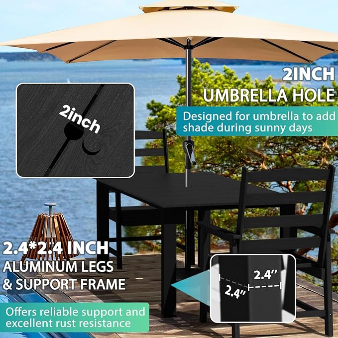 LOUNZY 7 Pieces Patio Dining Sets, Outdoor HDPE Furniture Set for 6 w/ 2" Hole Cut-Out Dining Table with 6 Armless Patio Chairs for Pool, Lawn and Garden,Black
