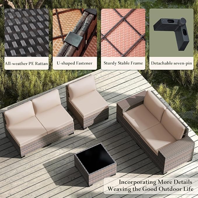 8 PCS Outdoor Patio Furniture Set,Outdoor Sectional Furniture All Weather PE Rattan Wicker Patio Conversation Set with 2 Ottomans and Coffee Table,Sand