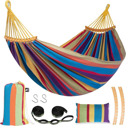 SUNCREAT Hammocks Heavy Duty Double Hammock with Spreader Bar, Carrying Bag, 475 lbs Capacity, Outdoor Hammock Swing, Rainbow