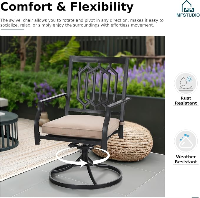 MFSTUDIO Patio Dining Set for 6, Outdoor Dining Set with 1 Bench, 2 Swivel Chairs, 2 Leg Chairs and 1 Rectangle Table
