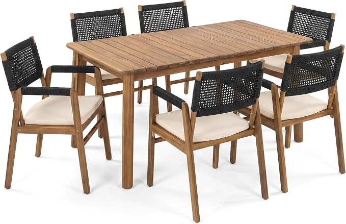 Christopher Knight Home Sky Acacia Wood Dining Table Set for 6, 7 Piece Patio Extendable Dining Table and Dining Chairs Set of 6 with Cushions & Rope Accents, Patio Furniture Set, Teak+Beige+Black