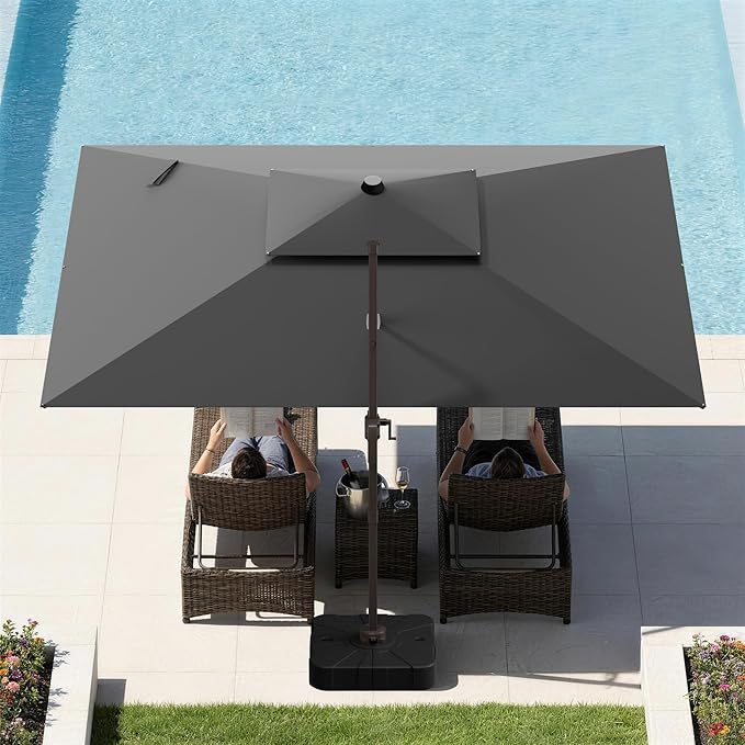 GENTEACO 9x12FT Cantilever Patio Umbrella with Base Included, Double Top Rectangle Offset Umbrella 7 Angle Tilts & 360° Rotation, Large Heavy Duty Outdoor Sun Umbrella for Pool Market, Grey