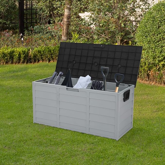 75 Gallon Resin Deck Box,Outdoor Large Resin Deck Box,Lockable Container for Patio Furniture Cushions Garden Tools (Black & Grey)