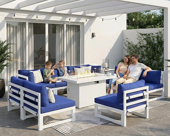 NICESOUL 9 Pcs Large Modern Aluminum Outdoor Sitting with Fire Pit Table, 29" Deep Wide Seater, 500 lbs Durable Sectional Sofa for Heavy People, All-Weather Patio Furniture Set for Backyard, Navy Blue