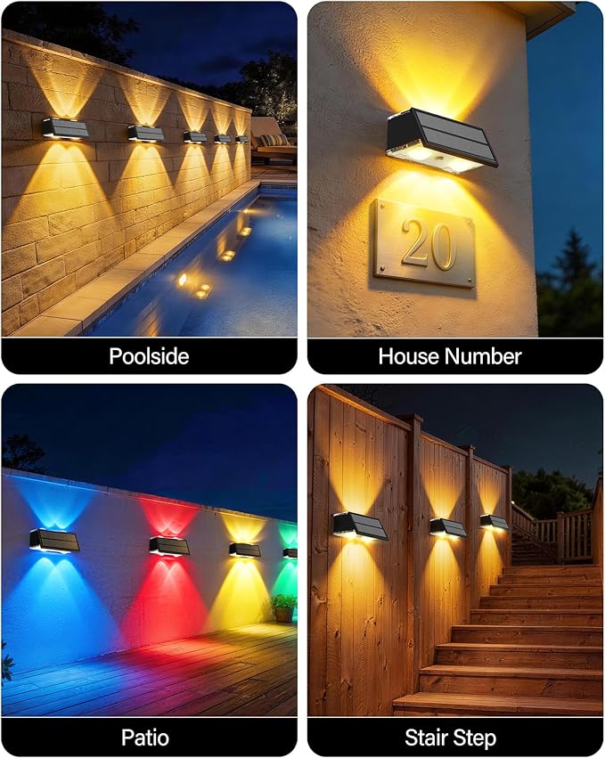 Solar Fence Lights Outdoor, 16 Pack 100LM Fence Lights Solar Powered Waterproof, 9 Color Modes, Up & Down LED Focused Beam, 12H Dusk to Dawn Glow for Pool/Patio/Wall/Backyard - Black