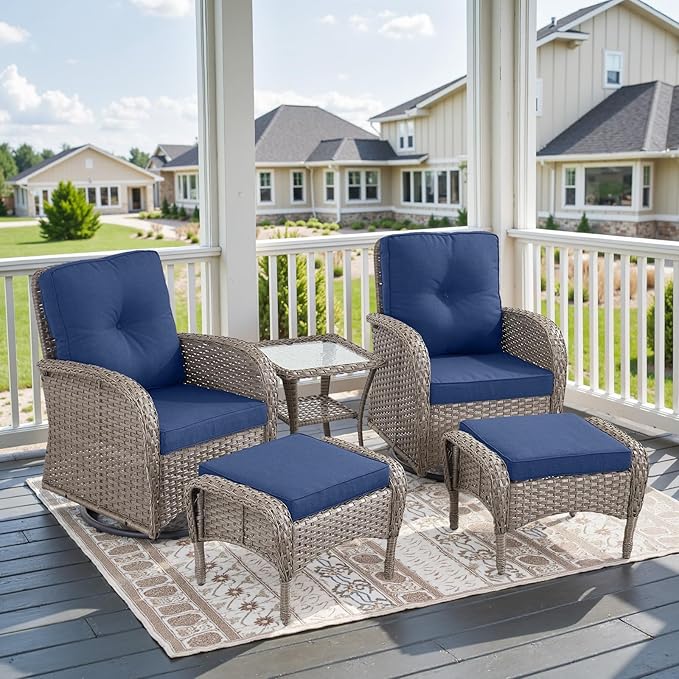 Belord 5 Piece Swivel Rocker Glider Outdoor Chairs Set of 2 with Ottoman and Glass Side Table Patio Bistro Furniture Set, Comfort High Back Wicker Patio Conversation Set for Deck Porch Sunroom