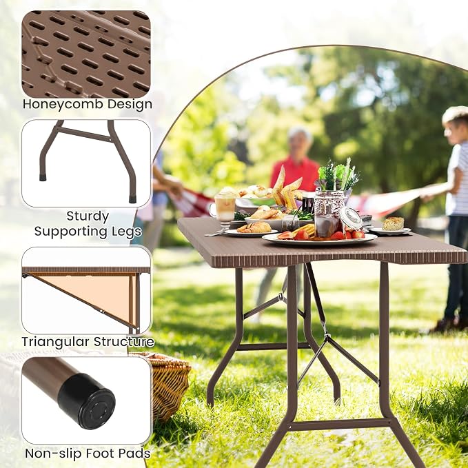 Giantex 5 FT Folding Table, HDPE Foldable Dining Table for 6, Indoor Outdoor Use for Party Banquet Wedding Picnic Camping BBQ, Fold-in-Half Portable Space Saving Design (Brown)