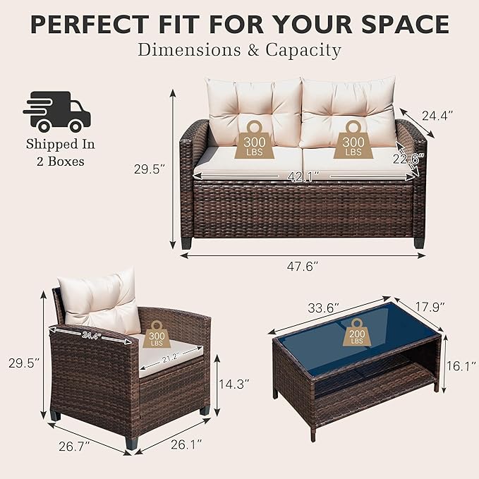 Greesum 4-Piece Patio Furniture Set, Outdoor Wicker Conversation Set, All-Weather Patio Sofa with Coffee Table and Cushions, for Garden, Deck, Porch, Backyard, Beige