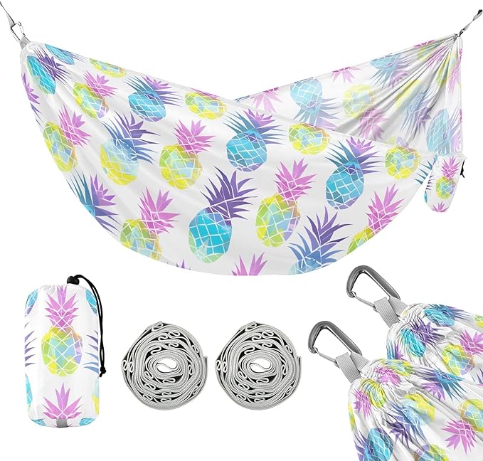 Camping Hammock Outdoor Hammocks for Outside Rainbow Pineapple Beach Trees Portable Lightweight with Pockets Tree Straps Indoor