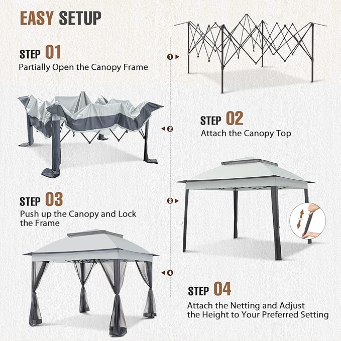 11x11 Pop Up Gazebo Tent with Mesh Netting, Instant Outdoor Canopy with UPF 50+ UV Protection, Water Resistant, Gray
