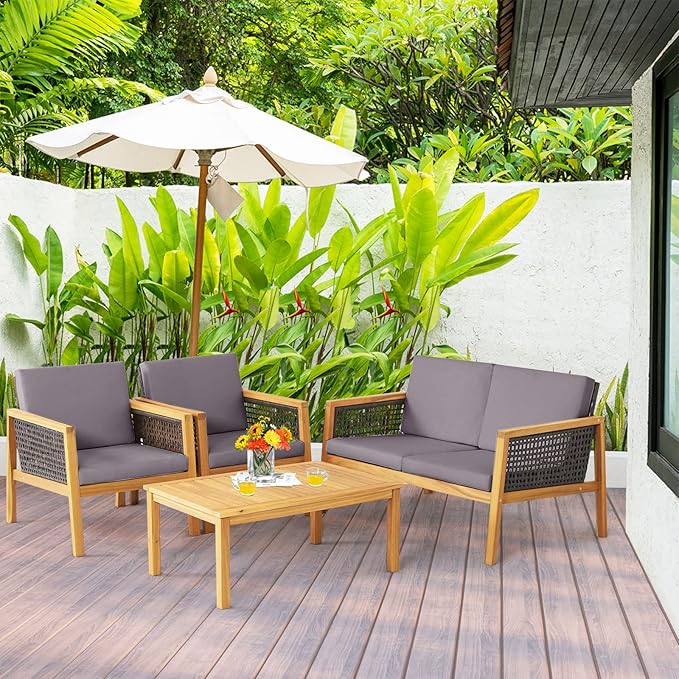 HAPPYGRILL 4 Pieces Patio Conversation Set Acacia Wood Furniture Set with Coffee Table, PE Rattan Wicker Sofa Set with Soft Cushions for Outdoor Garden Deck Poolside