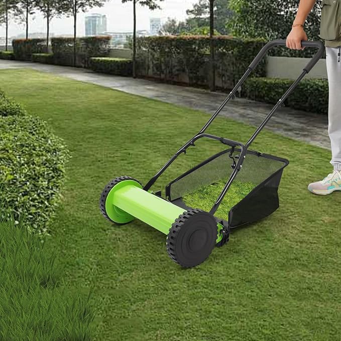 16 in Push Reel Lawn Mower, Cordless Manual Reel Lawn Mower with 0.67-1.3 in Adjustable Mowing Height 5-Blade Walk-Behind Steel Lawn Mower with Large Capacity Grass Bag for Green Lawns