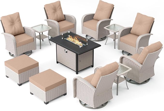 12-Piece Patio Furniture Set, Outdoor Swivel Rocking Chairs Set with 55,000 BTU Fire Pit Table,All Weather Conversation Set for Porch Poolside Balcony