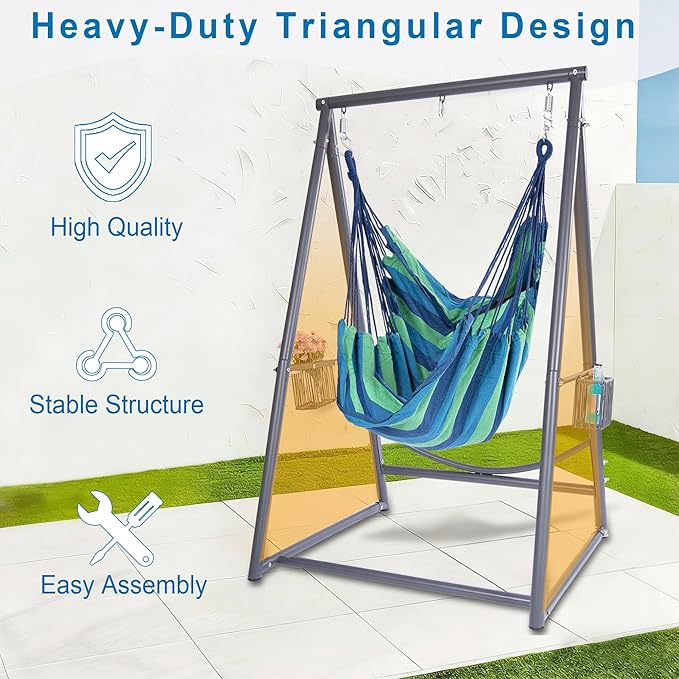 Hammock Chair with Stand Hanging Rope Swing Chair, Heavy-Duty Steel Max 350 LBS Capacity for Indoor Outdoor Patio Garden Balcony (Grey)
