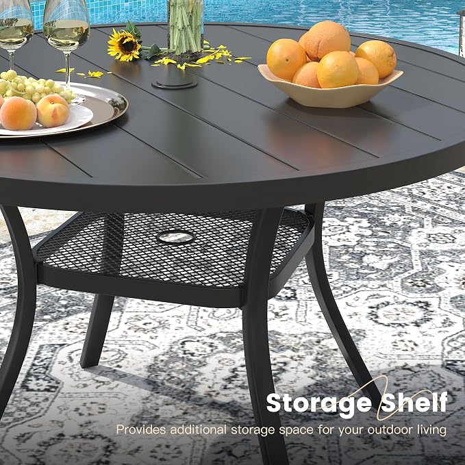 VICLLAX Round Patio Dining Table for 4-6, Outdoor Metal Dining Table with Umbrella Hole for Deck Lawn Garden Backyard, 47.2" Black