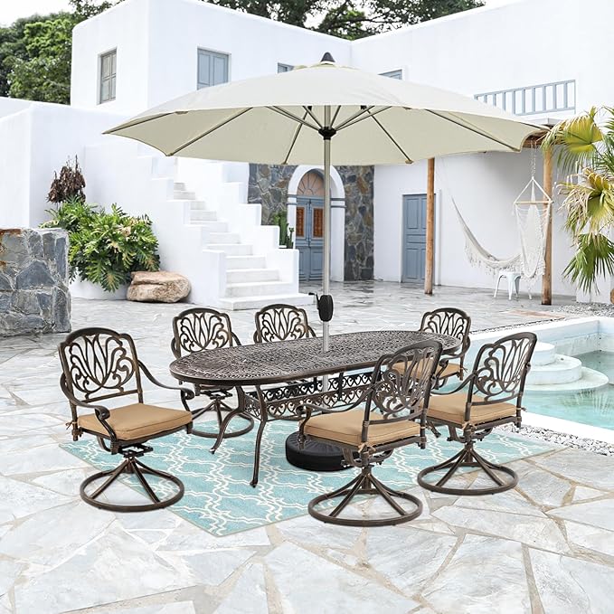 Cast Aluminum Patio Dining Table,Outdoor Dining Table for 8-10,Patio Metal Dining Table with Umbrella Hole for Backyard,Garden,Poolside (1, Oval)
