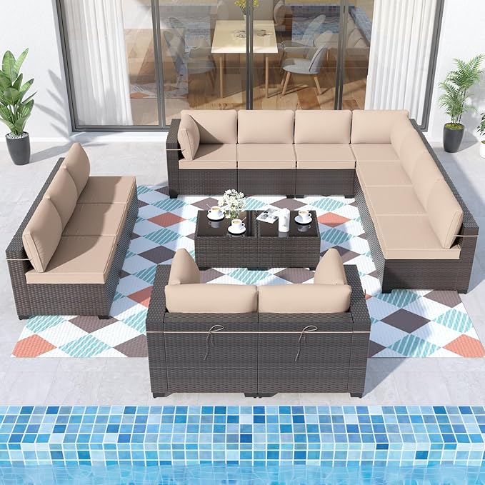ALAULM 14 Pieces Patio Furniture Set Wicker Patio Conversation Set, Outdoor Sectional Furniture w/Coffee Table & Washable Seat Cushions-Sand