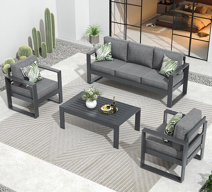 Outdoor Aluminum Furniture Set - 4 Pieces Modern Patio Conversation Sets Metal Sectional Sofa with Coffee Table