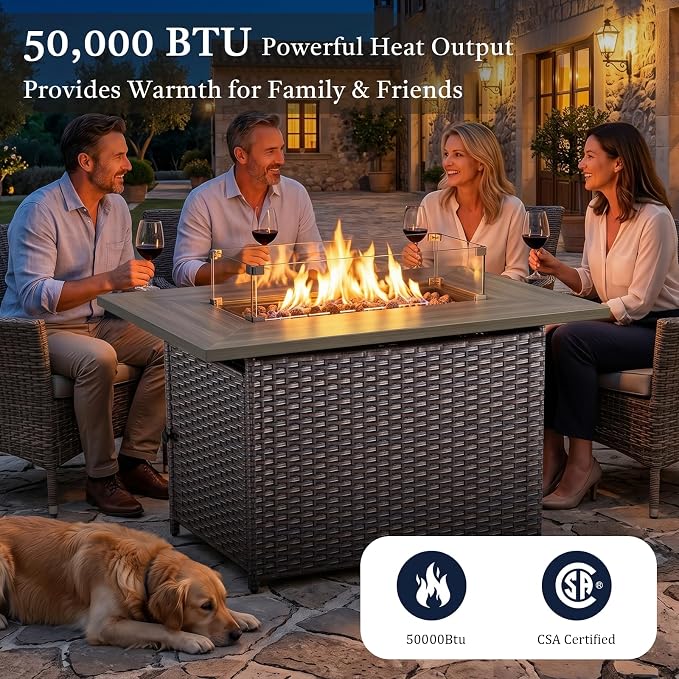 Luxury High Back Outdoor Furniture 6-Inch Thick Cushions with 50,000 BTU Gas Propane Fire Pit Tablet, Patio Furniture Set with Swivel Chairs, for Porch, Balcony, Deck and Yard
