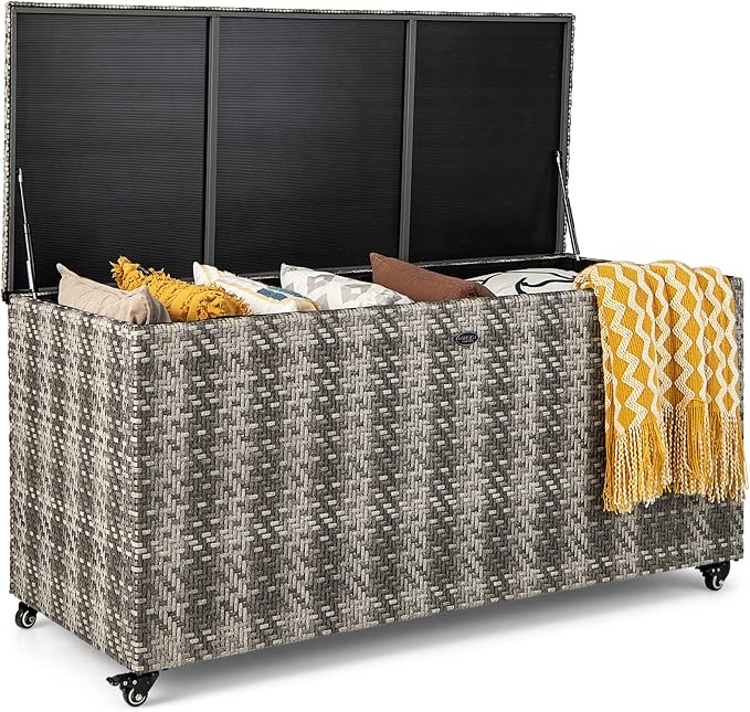 Tangkula 96 Gallon Deck Box, PE Wicker Outdoor Storage Box with 4 Wheels and Waterproof Liner, Outdoor Rectangular Storage Container for Cushions, Garden Tools (Mix Gray)