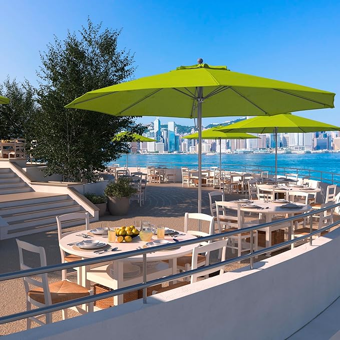 California Umbrella 11Ft Commercial Grade Sunbrella Fabric Market Umbrella, Pulley Lift, Aluminum/Fiberglass, 2mm pole wall, Silver Frame, Macaw Fabric