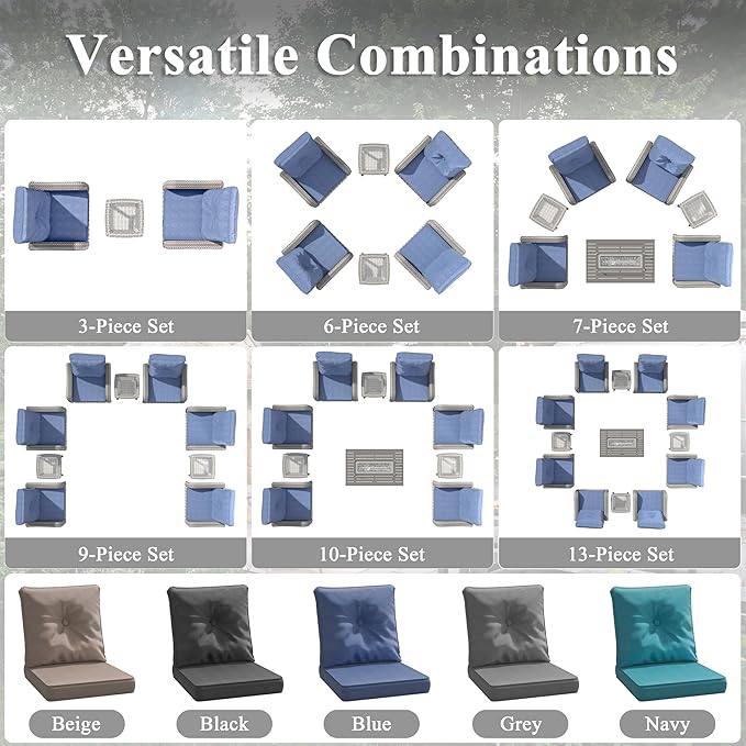 6 Piece Wicker Patio Furniture Set, Swivel Rocking Chairs with 4''Cushions, PE Rattan, Rust Resistant Frame, Double Layer Glass Side Table, for Backyard, Deck or Balcony, Navy