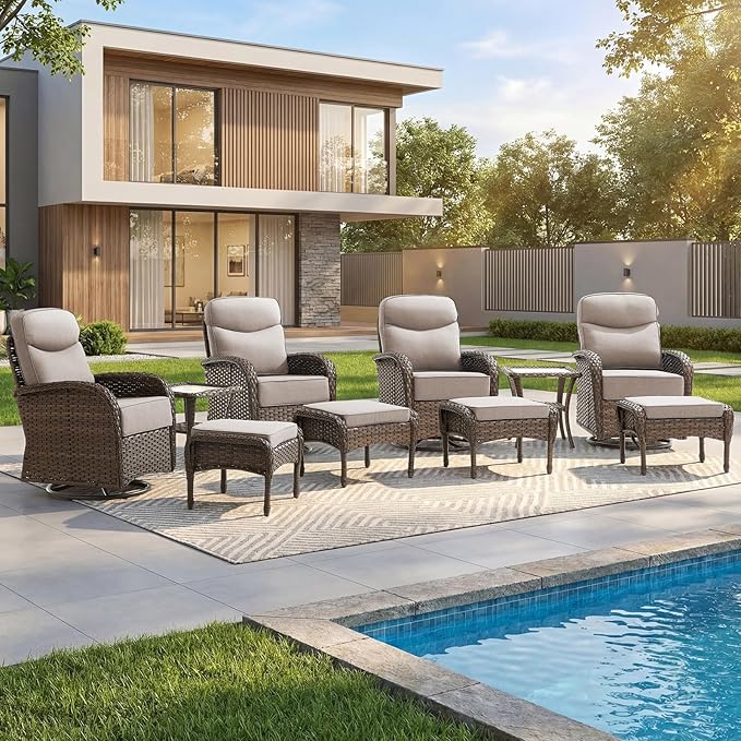 Outdoor Swivel Rocking Chair Patio Set (10pcs) High-Back - Thick Cushion Swivel Rocking Chair Patio Chairs Set, All-Weather Wicker Patio Furniture Set, Suitable for Balcony Patios, Brown/Beige