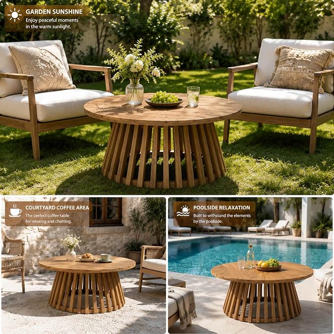 Round Outdoor Coffee Table for Patio, 31.5 Inch Acacia Wood Side Table with Slatted Pedestal Base, Farmhouse Outside Coffee Table for Garden, Balcony, Poolside, Porch, Weather-Resistant, Light Teak