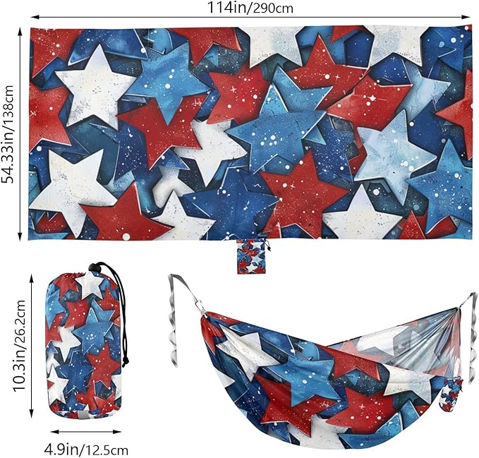 4th of July Independence Day Red and Blue Stars 330lb Capacity Hammocks for Camping with Hanging Rope Indoor Hammock for Outside Beach Patio Garden Base para hamacas para adultos