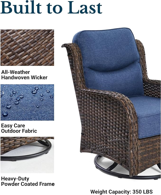 HILLGA Luxury 5PCS Outdoor Swivel Rocker Patio Chairs of 2 with 6 Inch Thick Cushions and Side Table, All Weather Outdoor Chairs High Back Wicker Patio Furniture Set for Porch and Deck, Blue