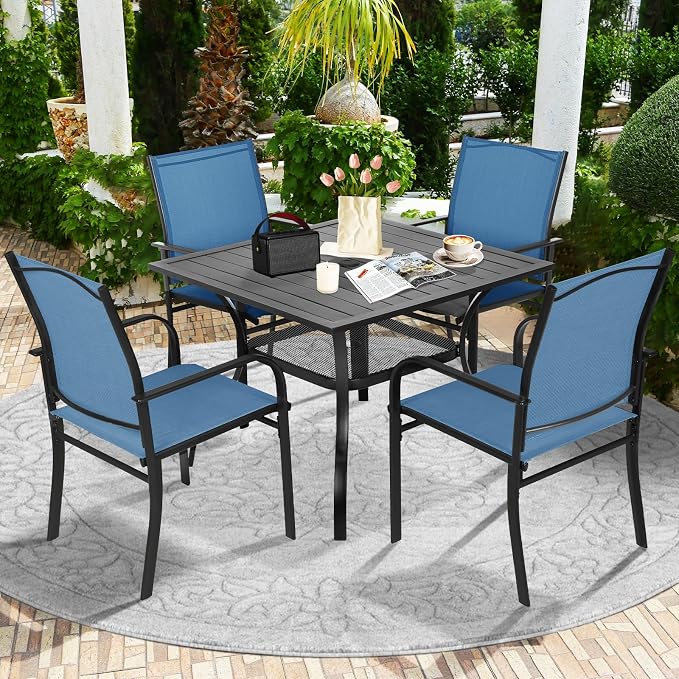 SUNCROWN 6 - Piece Outdoor Dining Set, Patio Furniture Set with 4 Textilene Dinning Chairs, 1 Steel Slat Metal Bistro Table and 1 Sky Blue 9Ft Patio Umbrella for Lawn Garden Backyard Deck, Blue