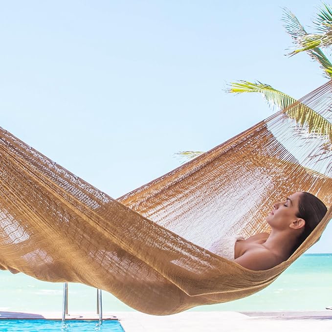 NOVICA Beige Hand Woven Nylon Mayan 2 Person XL Rope Hammock with Hanging Accessories, 'Bronze Sun' (Double)