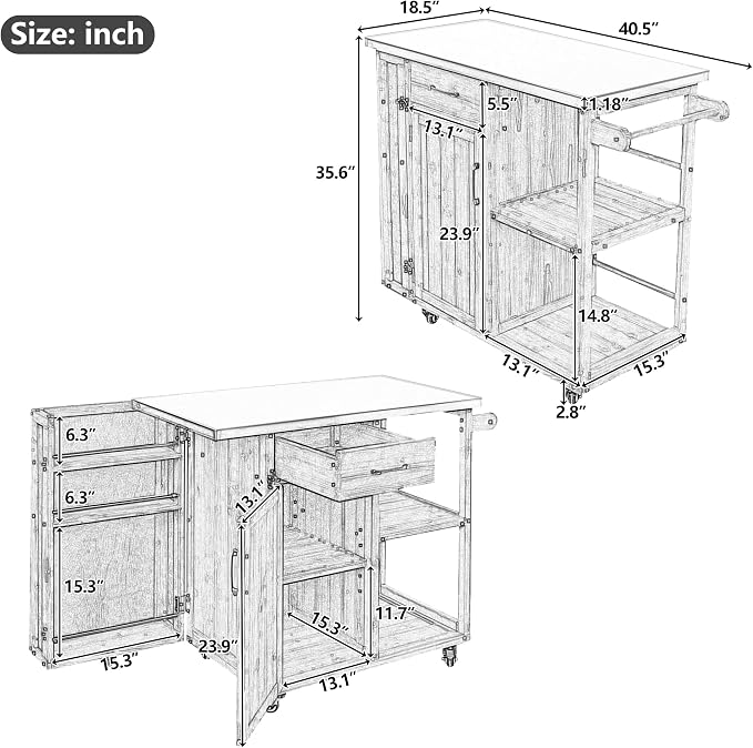 Outdoor Storage Deck Box and Kitchen Prep Station, Fir Wood Patio Storage Cabinet with Stainless Steel Top, Mobile Grill Cart with Lockable Wheels and Spice Rack for Backyard, 40.5 Inch, Grey