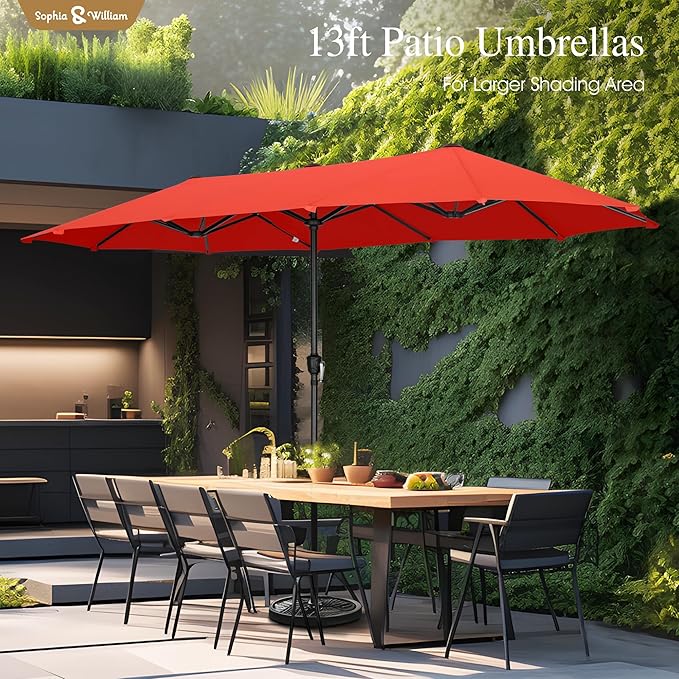 Sophia & William 13ft Outdoor Patio Umbrella for Table, Large Double-sided Umbrella for Garden, Deck, Pool, Orange Red