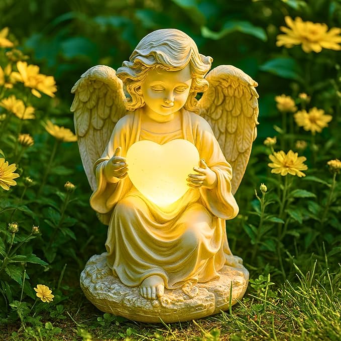 Solar Angel Garden Statue with Heart, 8" Guardian Memorial Outdoor Light | Glowing Lighted Heart, Bright Every Night, Weatherproof Resin Built to Last - a Sympathy Garden Gift for Women, Mom and Dad