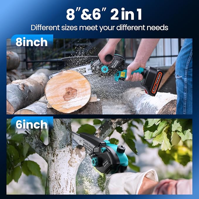 Electric Mini Chainsaw for Pruning Small Trees, Brushless 8 inch & 6 inch Portable Battery Chain saw with 2 Rechargeable Batteries, 1000W Handheld Chain Saw for Wood Cutting, Gifts for Father's Day