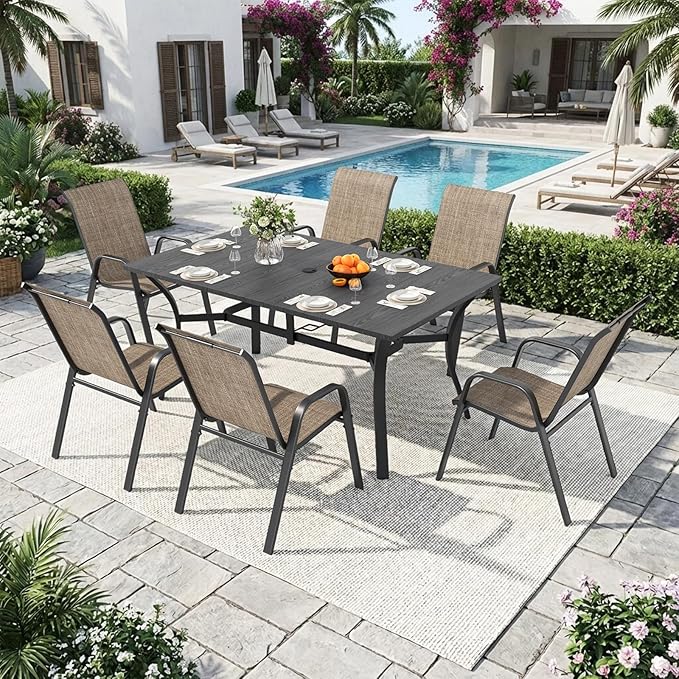 Outdoor Dining Set for 6, 7pcs Patio Table and Chairs Set with Adjustable Umbrella Hole,Heavy Duty 63”x37.8” Metal Dining Table and Stackable Patio Chair for Yard, Garden, Porch