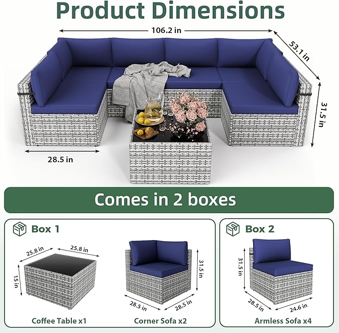 7-Piece Outdoor Sectional Sofa Set, Weather-Resistant Patio Furniture Set with Washable Cushions and Coffee Table, Grey Rattan Patio Conversation Set for Poolside, Backyard, Deck (Navy Blue)