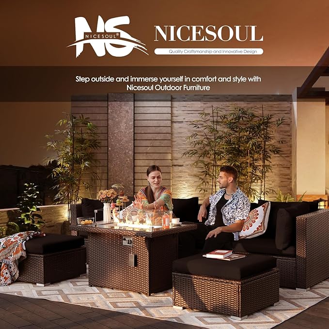 NICESOUL 13 Piece Patio Furniture w/Fireplace, Elegant Outdoor Seating w/Firepit, XL 29.3'' High Back Sectional Sofa, All-Weather Rattan Deck Couch, Modular Sturdy Conversation Set, Brown & Black
