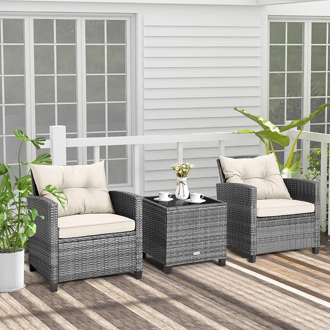 COSTWAY 3PCS Patio Furniture Set, PE Rattan Wicker Sofa w/Washable Cushion and Coffee Table, Tempered Glass Tabletop, Outdoor Conversation Set for Balcony, Porch, Yard, Backyard, Lawn (White)