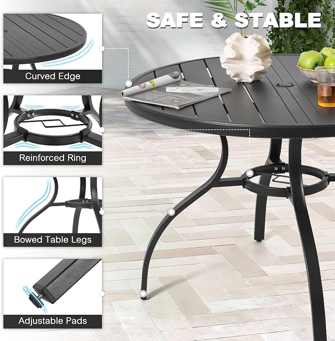 NUU GARDEN 5-Piece Patio Dining Set with Umbrella Hole, Outdoor Furniture Set Includes Round Patio Table, 4 Textilene Dining Chairs, Outdoor Dining Set for Backyard Garden Poolside, Gray and Black