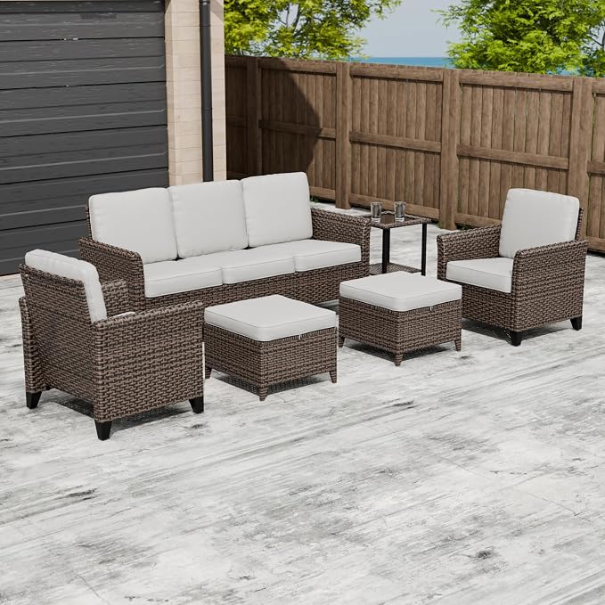 COOS BAY Harbor Retreat 6 Piece Outdoor Furniture Set, Patio Conversation Set with Patio Chairs, 3 Seat Couch, Side Table and Ottomans, Wicker Furniture, Brown/Beige