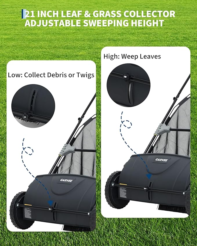 21-Inch Push Lawn Sweeper, 3.5 Cu. Ft. Hopper Leaf & Grass Collector, 4 Spinning Brushes, Adjustable Brush Height, Manual Yard Sweeper for Grass Clippings, Leaves & Light Debris, Black & Orange