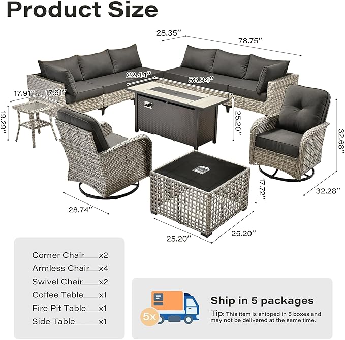 11 Pieces Outdoor Sectional Patio Furniture Set with 54" Fire Pit,Wicker Conversation Sets Rattan L Shaped Couch Swivel Rocking Chairs,Modular Outdoor Sofa for Porch Balcony Backyard Black