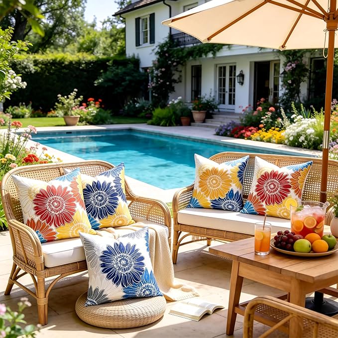 Yellow Blue Floral Pillow Covers Outdoor Waterproof Throw Pillow Covers 16x16 Decorative Summer Square Sunflower Garden Cushion Throw Pillowcase Set of 2 for Patio Furniture Garden Tent Balcony Bench